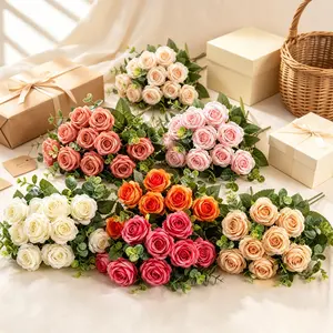 Total of 6 bouquets (66 heads), mixed colors. Artificial rose bouquets with a realistic touch—silk fake roses with eucalyptus leaves and long stems. Faux flower arrangement suitable for wedding table centerpieces, home bedroom, living room, and vase decor