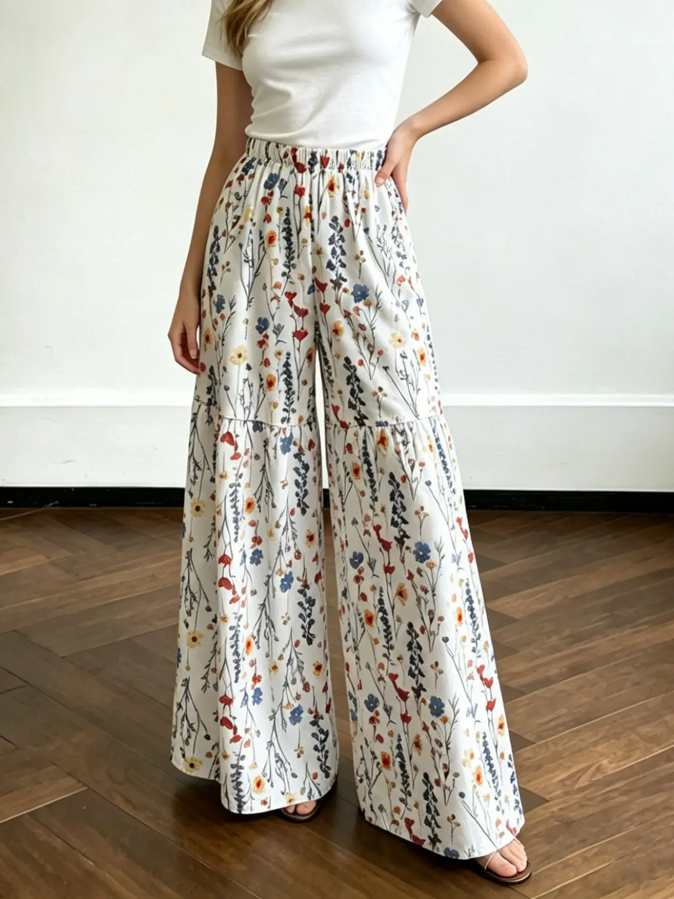 French Countryside Floral Boho Bohemian Leopard Print Oversized Wide Leg Baggy Pants, High Waist Pleated Swing Pants with Pockets, Breathable Casual Loose Fit Bottom