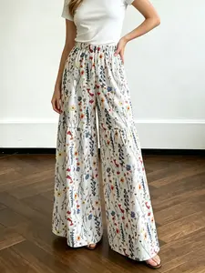 French Countryside Floral Leopard Print Wide Leg Pants, High Waist Pleated Swing Pants with Pockets, Breathable Casual Loose Fit Bottom