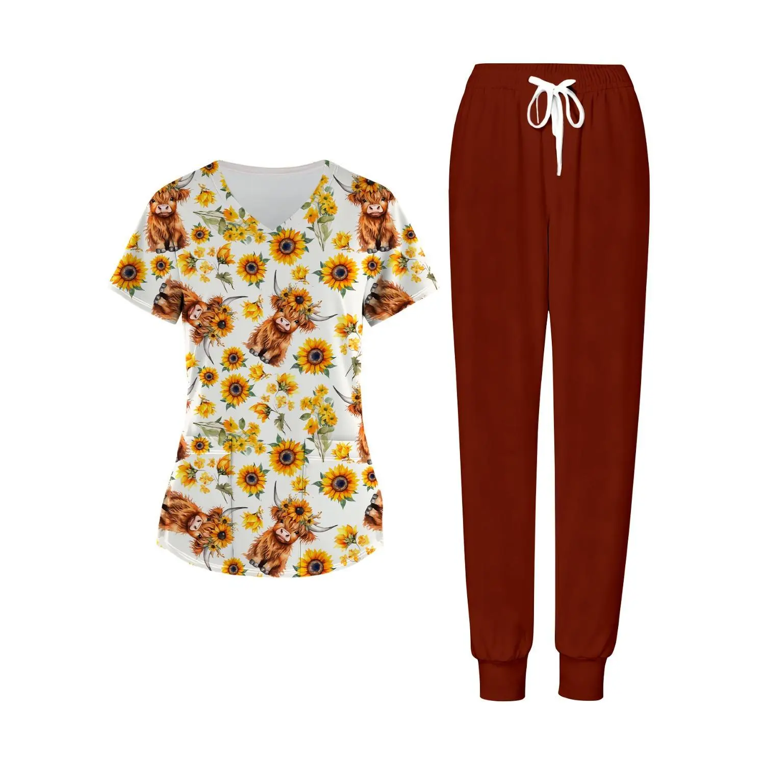 Sunflower & Highland Cow Print Plus Size Women's Scrub Set - 2 Piece Nursing Uniform, Comfortable Fabric for Work, Home & Relaxation, Perfect Gift