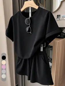 Two-Piece Set Women's Basic Solid Color Crew Neck Tee & Drawstring Waist Shorts Set, Casual Minimalist Short Sleeve T-shirt & Shorts, Summer Outfits Clothes Set for Daily Wear, Suits, Round Neck, Matching Sets