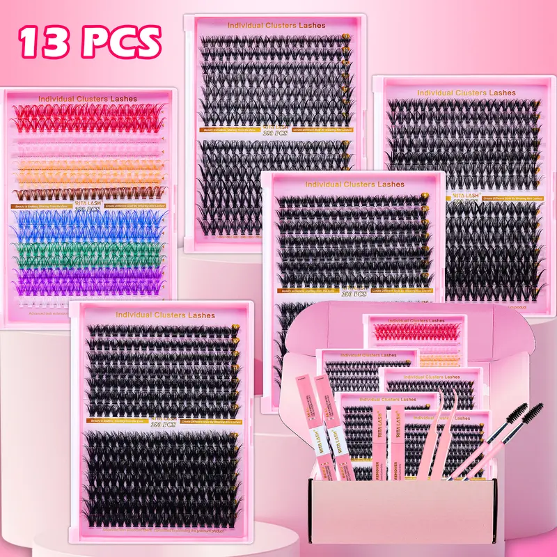 RITALASH D-Curl Lash Cluster Kit (280pcs Boxed) - Pre-Packaged False Eyelashes & Adhesives, DIY Dramatic Lashes, Mixed Lengths, Soft Fibers, Bond, Seal, Tweezer, Remover, Brush for Home Use
