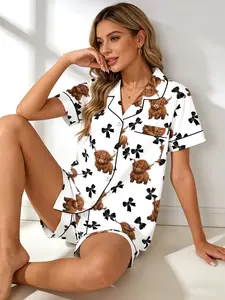 Daily Wear White Highland Cow Bow Pajama Set for Women, Button Down Short Sleeve, Spring Summer Loungewear, All-over Print, Delicate Sweet Home Outfit