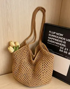 Women's Woven Cotton Yarn Handbag - Handwoven Tote, Stylish Shoulder Net Bag for Seaside Travel (Sports & Outdoor Accessory)