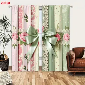 2D Flat  Vintage Romantic Pastel Decorative Curtain 2-Piece Set with Floral Lace Patterns, Pink & Sage Green Color Palette, Glossy Satin Bow & Rose Accents for Soft Timeless Elegance