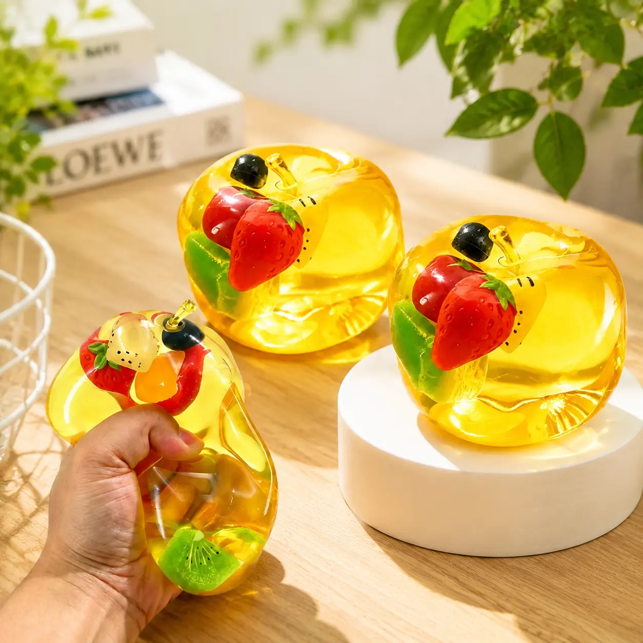 Jelly Apple Squishy Toy with Fruits Blocks Inside, Transparent Squeeze Toy, Slow RisingFidget Sensory Toy for Stress Relief