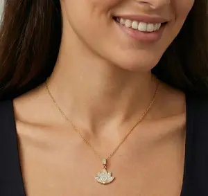 Stainless Steel Lotus Flower Necklace Gold Tone with Zircon Crystals Spiritual Jewelry Yoga Gift Minimalist Pendant 18-inch Chain
