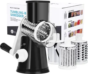 Cheese Grater Hand Crank, Rotary Cheese Grater with 3 Interchangeable Blades, Manual Cheese Shredder with Strong Suction Base, Easy to Use and Clean, Black