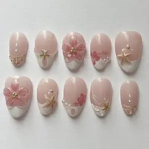 30Pcs Cute Pink Flower Press on Nails Short Almond French Tip Fake Nails Reusable Glossy Acrylic False Nails with Pearl & Starfish Design Summer Glue on Nail for Women Manicure Set Daily Wedding Party