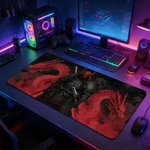 Japanese Samurai Red Dragon Large Gaming Mouse Pad, Non-Slip Rubber Base Stitched Lock Edge Desk Mat, Dark Wuxia Artistic Design, Durable Computer Accessory, Desktop Accessory for Home Office & Gaming Setup, Gift for Gamers & Samurai Dragon Fans