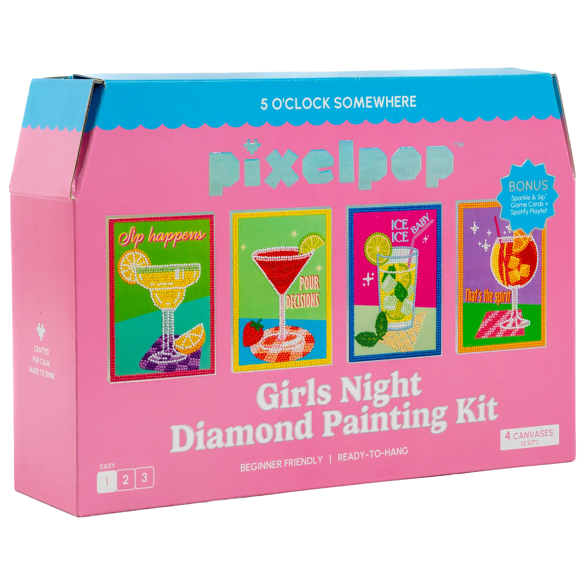PixelPop Diamond Painting Kit  Girls Night | 4 Retro Cocktail Canvases | Sip Happens + Pour Decisions | Bonus Spill Cards & Playlist