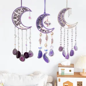 DREAMSUM Purple Dream Catcher Wall Decoration, Wall Hanging Ornament, Handmade Copper Wire Wrapping Gravel Tree of Life, Natural Agate Pendant, Home Living Room, Room Courtyard Hanging Decoration, Perfect Christmas Gift
