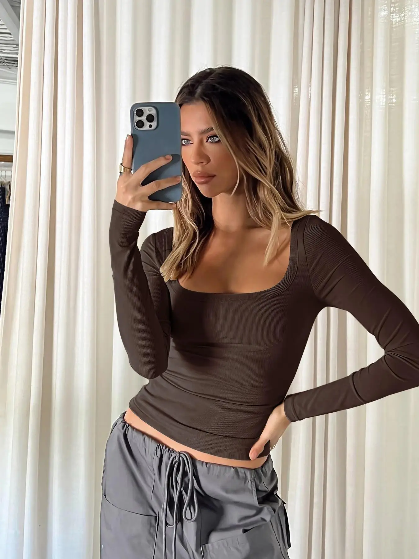 Women's Plain Square Neck Crop Tee, Y2k Casual Long Sleeve Slim Fit T-shirt, T Shirts for Women, Ladies Spring & Fall Top for Daily Outdoor Wear, Fall