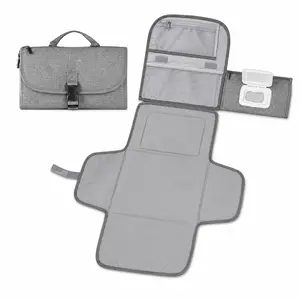 Portable Baby Changing Pad, Foldable Diaper Changing Mat Organizer with Wipes Pocket, Mesh Storage Pockets, Travel Changing Station, Gray  ：