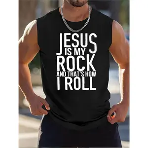 Jesus is my Rock and that is how I Roll in humor Religious Christian Faith believe in god Printed Singlet, Men'S Workout Sleeveless Shirt Quick Dry Stretchy Swim T-Shirts Athletic Gym Running Beach Tank Top