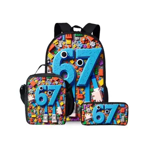This digitally printed three-piece backpack set includes a lunch bag and a pencil case.