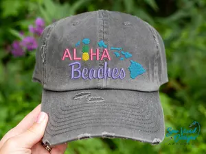 Aloha Beaches with Pineapple and Hawaiian Islands Hat | DISTRESSED Baseball Cap OR Ponytail Hat | Vacation Hat | Beach Life