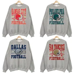 Vintage Style Crewneck Ash Grey Sweatshirt For All Football Teams Classic Cotton Fitted Long Sleeve Unisex Tops American Football Letter Printed Round Neck Medium Length Fall Season - AG