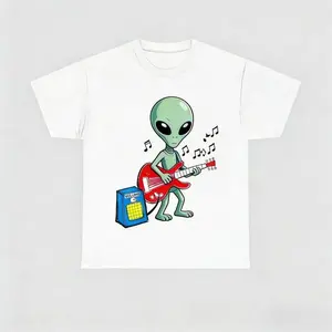 "Pete the Alien Playing Guitar" Themed T-Shirt — A Fun, Graphic Top. Unisex Style, Perfect for Streetwear and Parties. A Printed Tee That’s an Essential for Casual Lounging, Radiating Youthful Vitality.