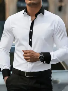 Men's Patchwork Shirt, Unique Design, Creative Style, Casual Fitted Plain Top, All Seasons Wear, Fashionable Men's Clothing