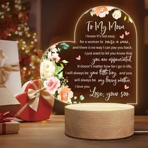 Acrylic Figurine USB Powered Wooden Base, Heart Style Memorial Plaque Gift for Mom, Desktop Decoration, Christmas Present