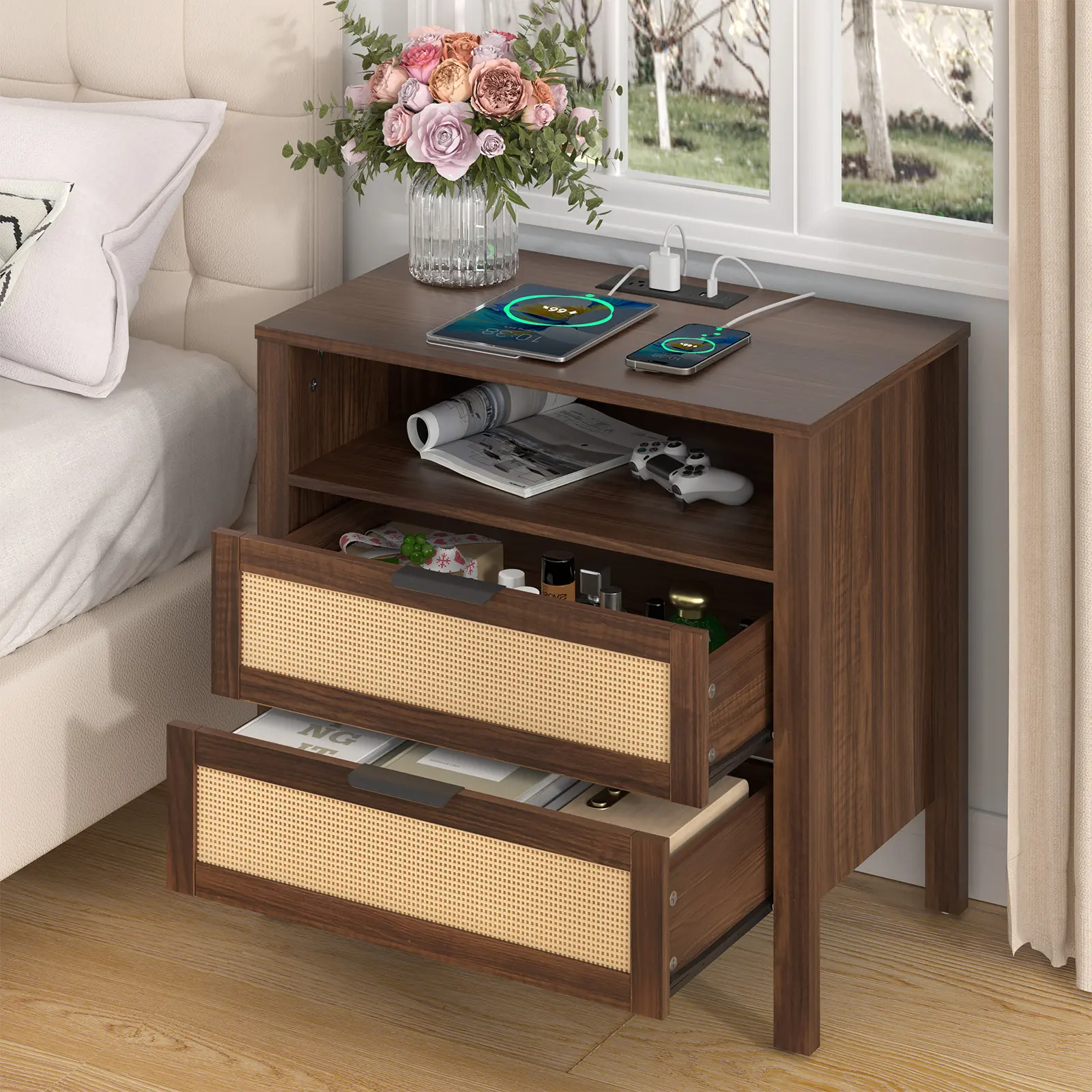 HOMMPA Rattan Night Stand with Charger Station, 26'' Wide Boho Nightstand with 2 Drawer, Modern Bedside Table with USB Port & AC Outlet, Bed Side End Table Dresser with Open Shelf for Bedroom, Walnut