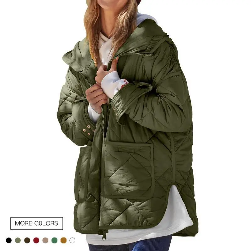 Women's Quilted Puffer Jacket - Lightweight Hooded Zip-Up Winter Outerwear with Pockets, Warm Polyester Coat for Lady (Sports & Outdoor Use)