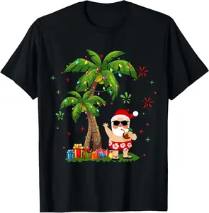 100% Cotton Santa Hawaiian Christmas Palm Tree Lights Xmas T-Shirt