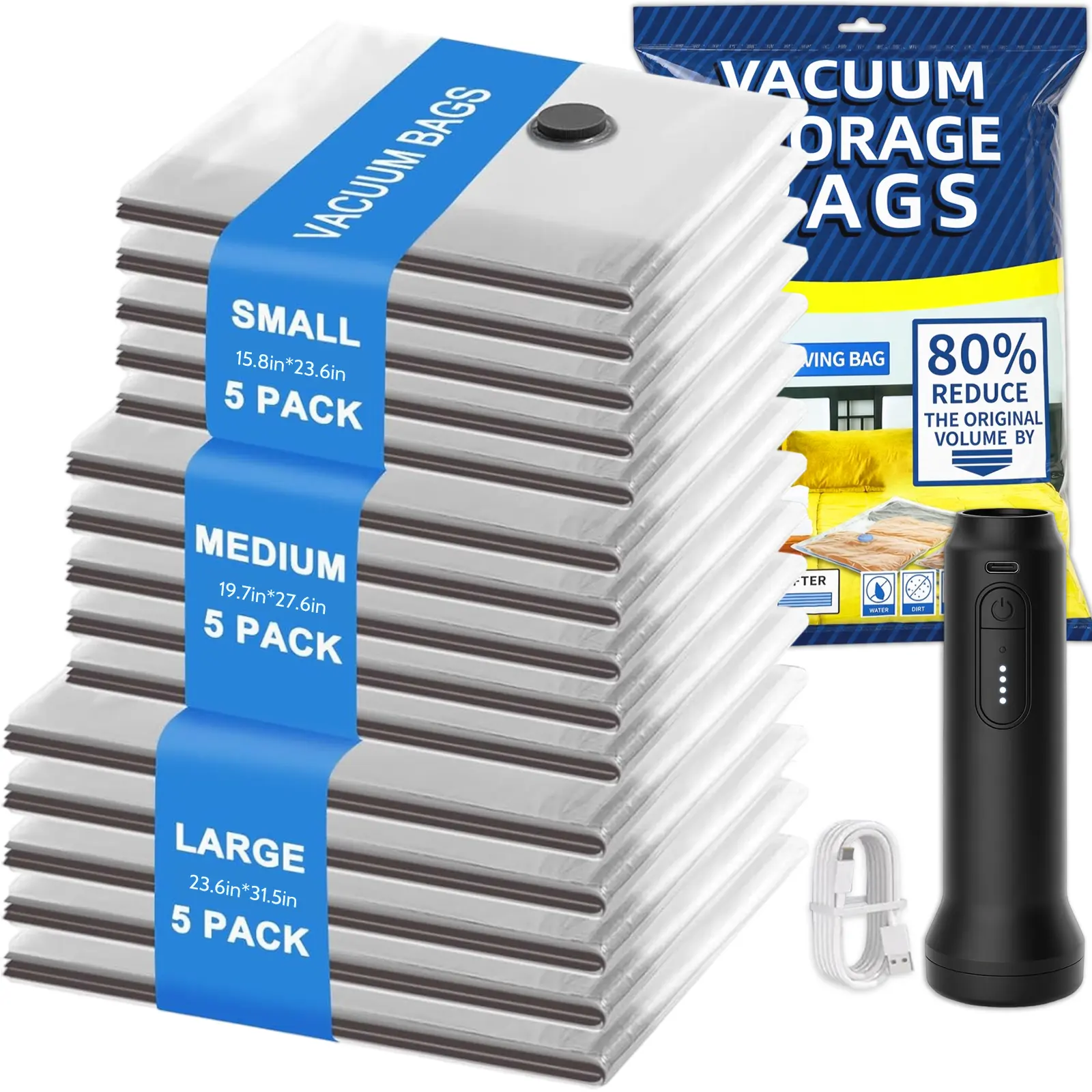 15-Pack Travel Vacuum Bags with Pump - Vacuum Bags for Travel, Space-Saving Home Organizer Storage for Clothing & Luggage Essentials,dorm essentials,home decor