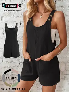 Women's Casual Overalls with Adjustable Buckles, 2 Patched Pockets, Sleeveless, Short Fitted Design, Plain Pattern, Perfect for Daily Wear & Holiday Beach Wear