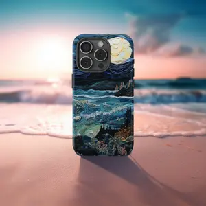 Ocean Beach Phone Case Coastal Cover Dark Moody Embroidered 3D Phone Cover Ocean Waves iPhone Pixel Samsung Protection MagSafe Protective