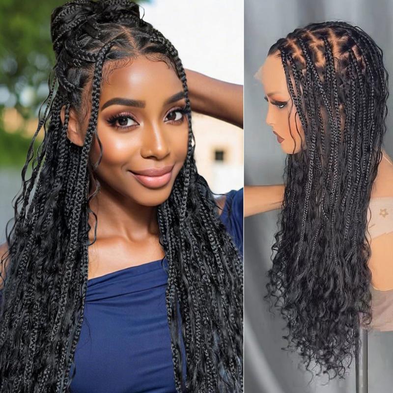 [26" Limited Offer] Ashimary Boho Knotless Box 26" Braided Wigs Full Double Lace Braid Wig for Black Women Lace Frontal Human Hair Blended Braided Wig with Boho Curls 360 Lace Front 428