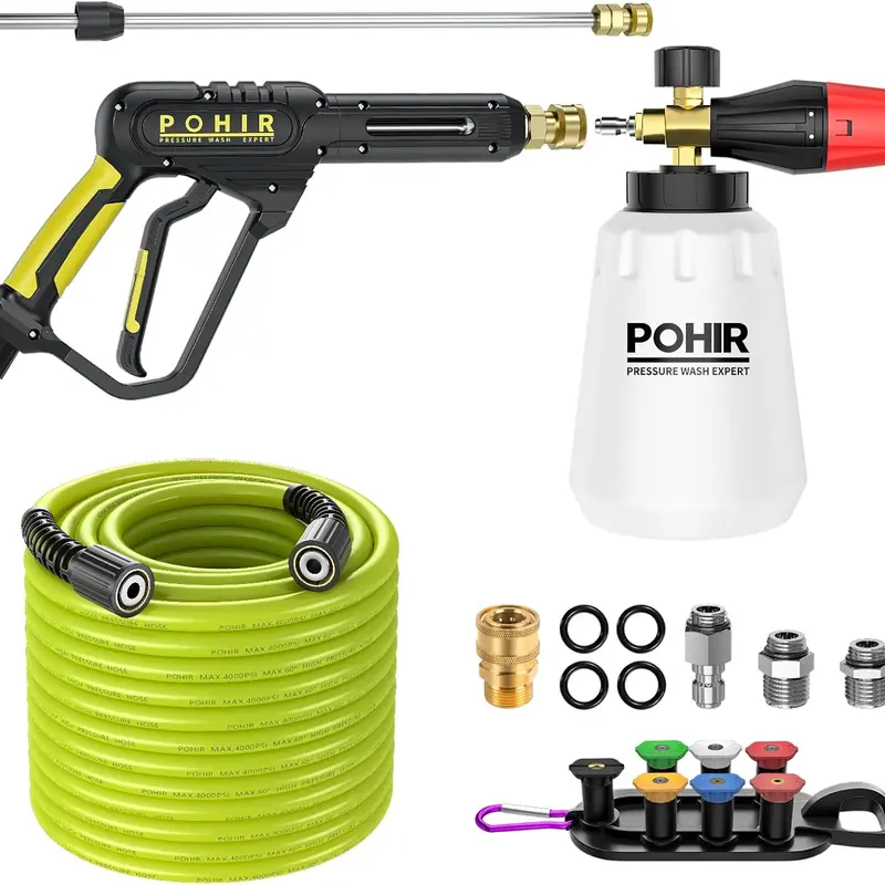 POHIR High-Pressure Washer Gun & Foam Cannon Hose Set with Foam Sprayer, 50ft Yellow Hose, 3600 PSI Sprayer Wand, 3/8'' Quick Connect, M22 15mm/14mm Fittings, Car Wash Home Improvement Garden Accessory