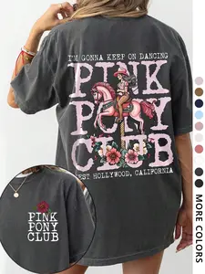 Women's Vintage Horse & Letter Print Round Neck Graphic Tee, Casual Pink Ponyy Club T-shirt for Daily Wear, Ladies Clothes for All Seasons, Top