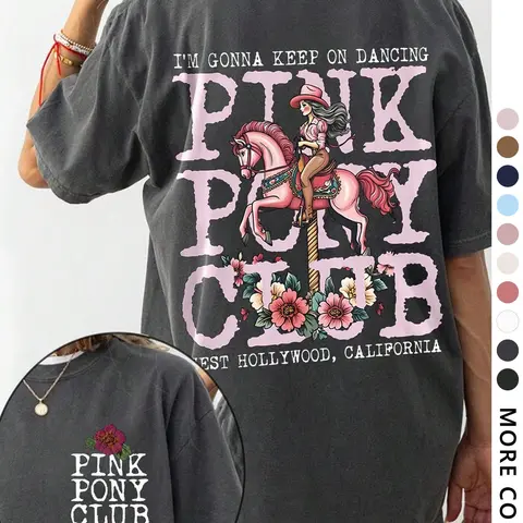 Women's Vintage Horse & Letter Print Round Neck Graphic Tee, Casual Streetwear Pink Ponyy Club T-shirt for Daily Wear, Ladies Clothes for All Seasons, Aesthetic Rodeo Tee, Vintage T Shirts