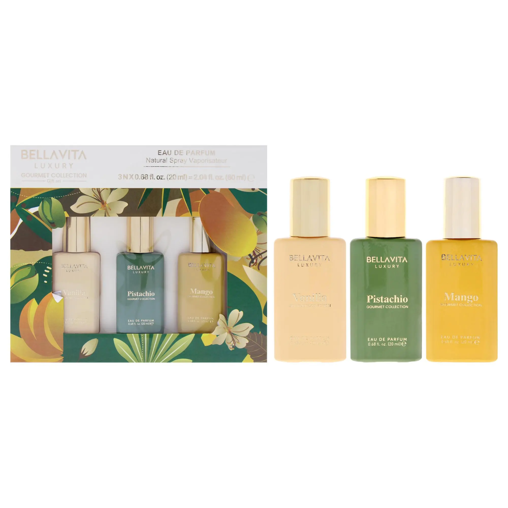 Gourmet Collection Gift Set by Bellavita for Unisex - 3 Pc Gift Set 0.68oz Vanilla EDP Spray, 0.68oz Mango EDP Spray, 0.68oz Pistachio EDP Spray