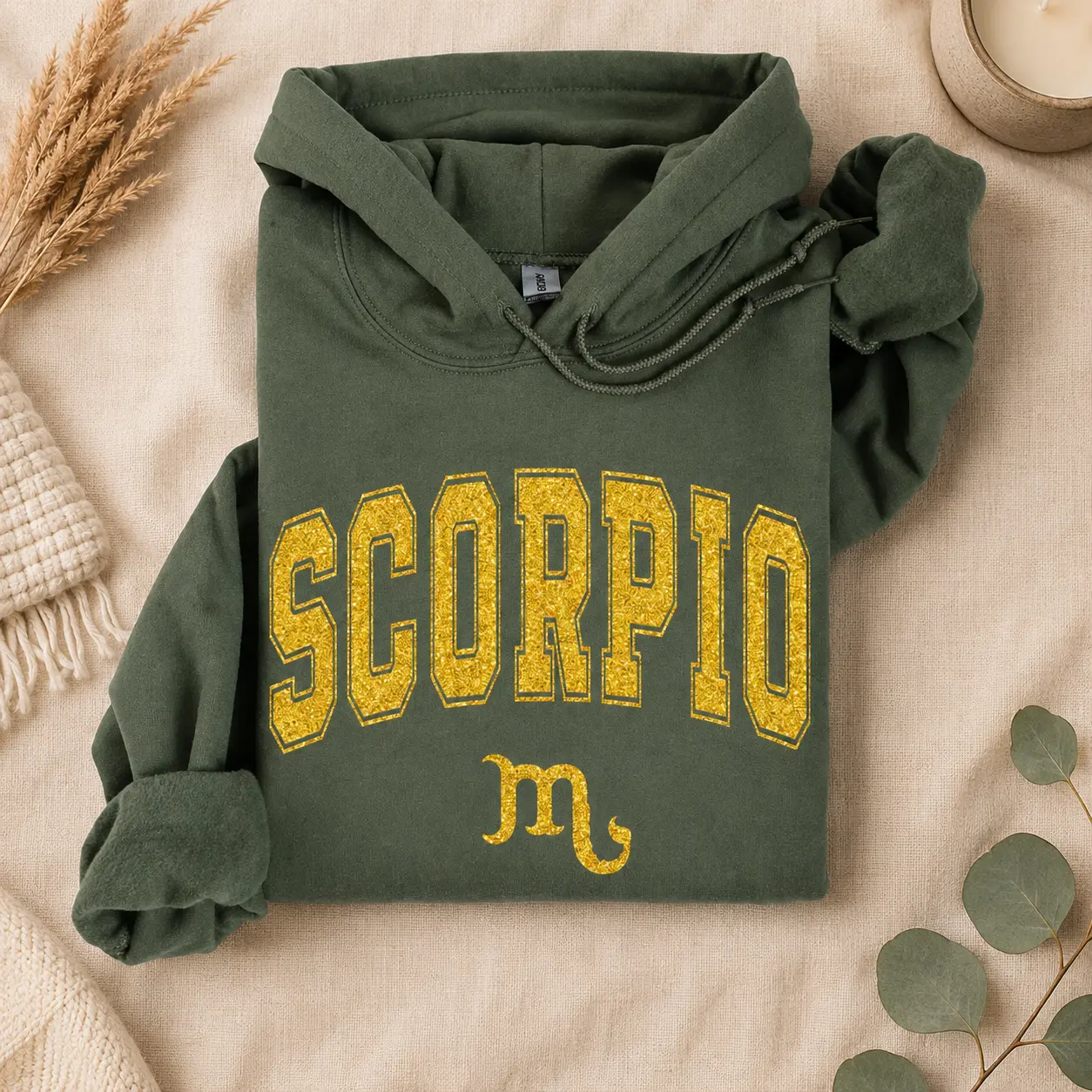 Custom 12 Zodiac Sign Gold Glitter Varsity Graphic Hoodie, Unisex Sparkly Astrology Hooded Sweatshirt for Men and Women, Aries Taurus Gemini Cancer Leo Virgo Libra Scorpio Sagittarius Capricorn Aquarius Pisces Birthday Gift Hoodie