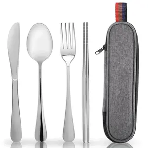 Stainless Steel Portable Cutlery Set, Eco-Friendly Travel Utensils with Knife Fork Spoon Chopsticks Case, Ideal for Outdoor Dining, Outdoor Camping Supplies