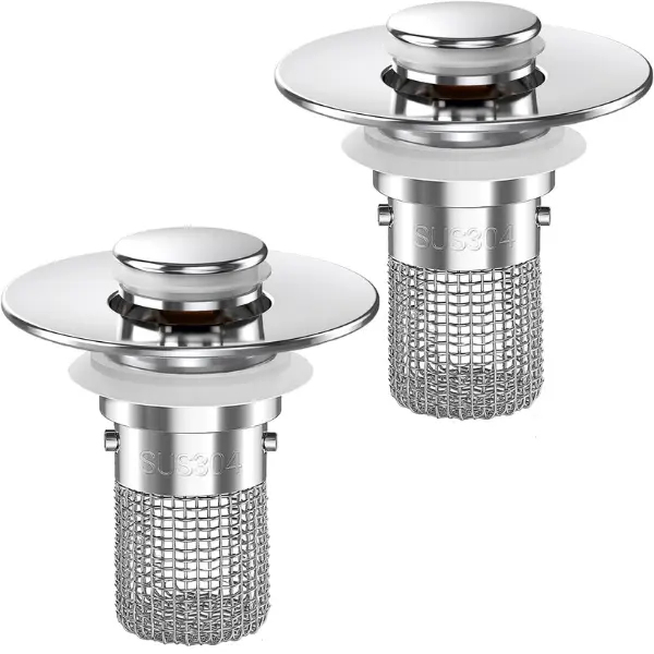 2PCS Bathroom Sink Anti-Clog Pop-up Stopper Strainer Plug - 2-in-1 Design, Rubber Seal, Brass Core, Removable Stainless Steel Basket, ABS, Eco-Friendly, Durable Chrome Finish, 1.1-1.45in Fit for Most Drain Replacements, Daily Use, Hassle-Free Maintenance