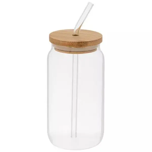 Custom 16 oz Glass Cup with Bamboo Lid and Straw Clear Drinkware