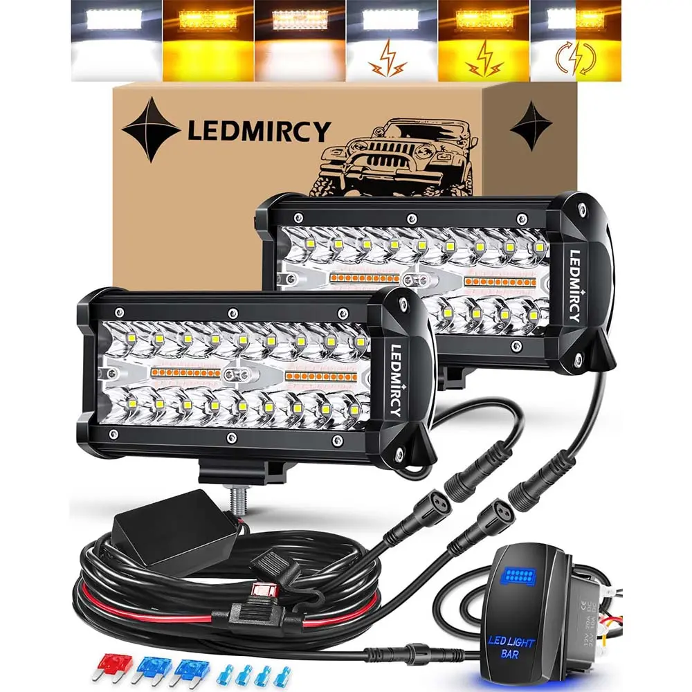 LEDMIRCY 7 Inch LED Light Bar 2PCS Kit 6 Modes Amber White Strobe Light Driving Fog Lights with Memory Sync, Rocker Switch Wiring Harness Waterproof for Trucks Jeep Chevy Grill Motorcycle Semi Truck Work Vehicles