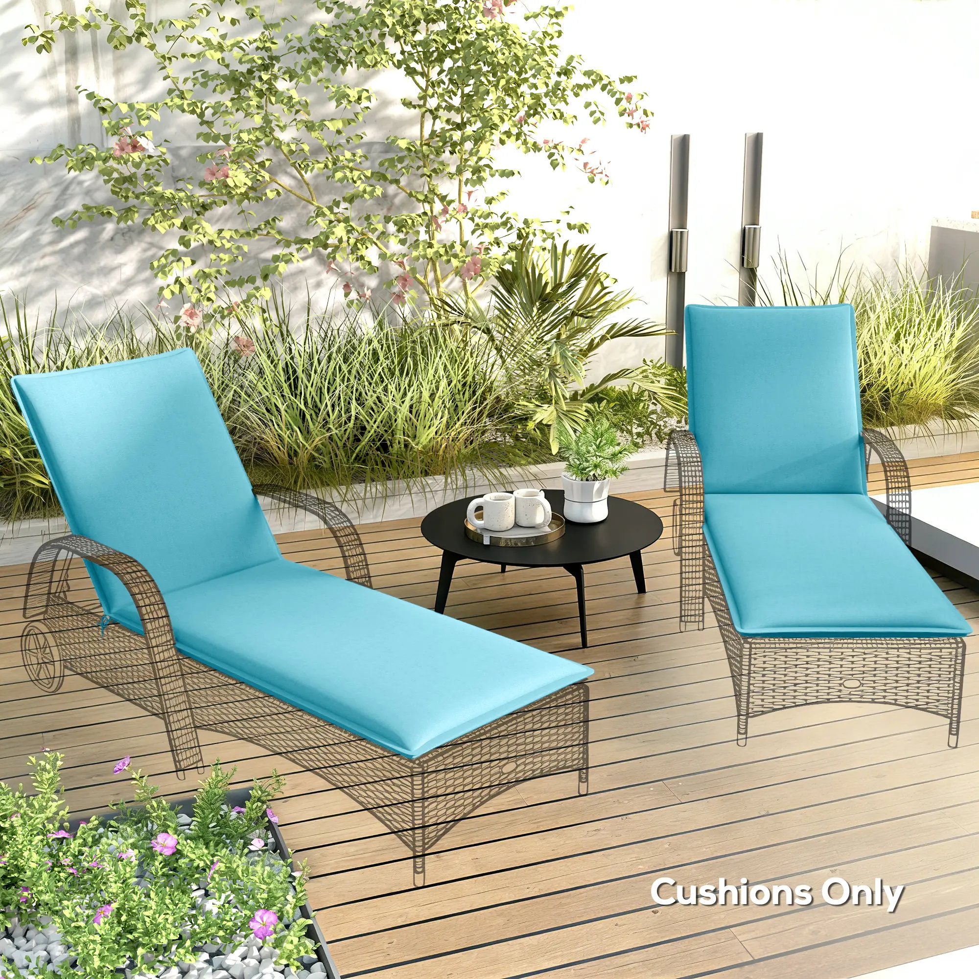 Foldable Chaise Lounge Cushion Set of 2 Outdoor Lounge Chair Cushion UPF50+ 200gsm Fabric 48" x 23" Light Blue PFAS-Free C0 Treatment Secure Attachment All Seasons