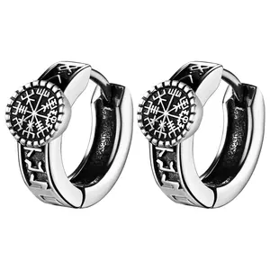 OIDEA Unisex Lightweight Stainless Steel Viking Huggie Hoop Earrings, Silver Vintage Viking Runes Norse Compass Protection Amulet, Symbol of Guidance Costume Jewelry Gift for Men summerwins