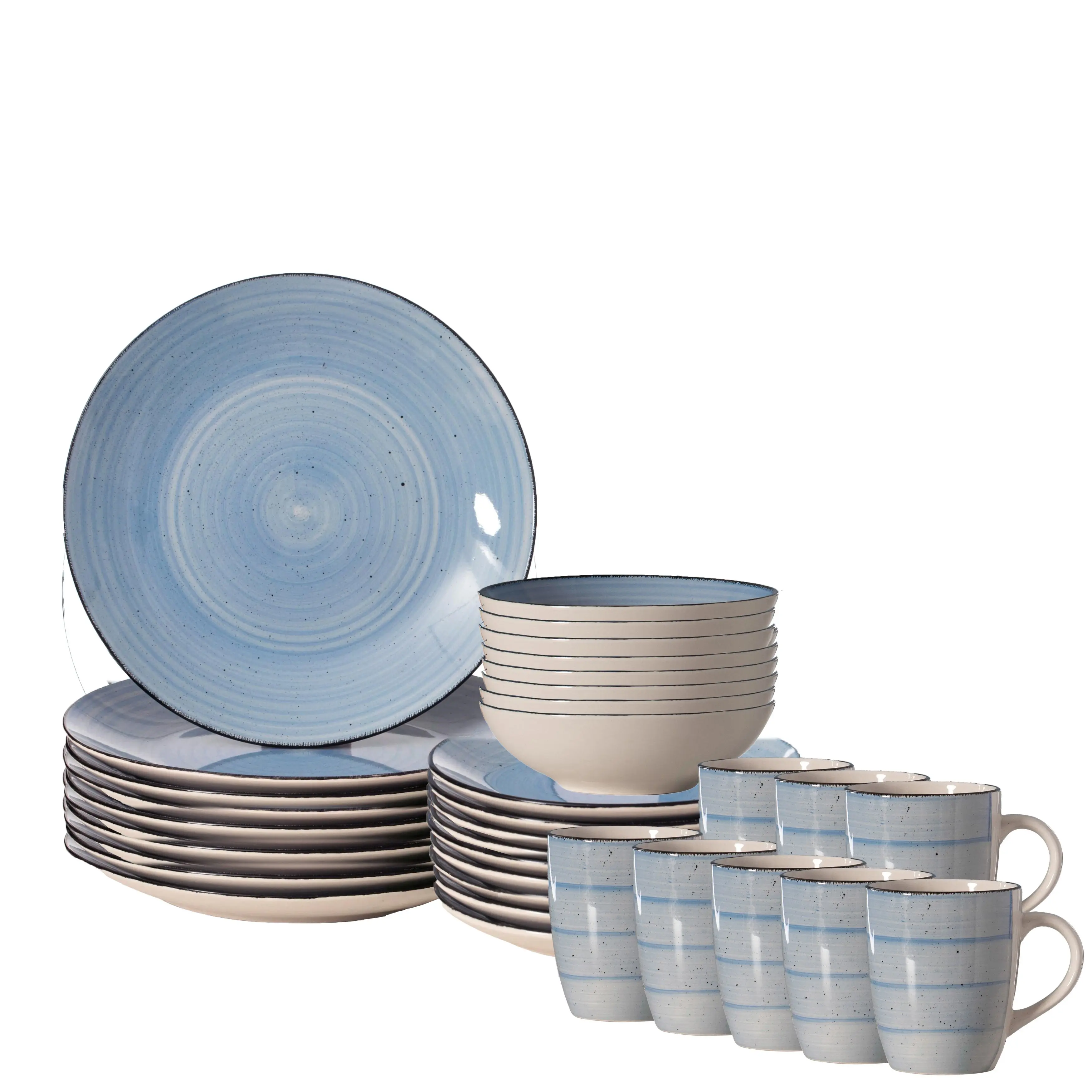 Quickway Imports QI004502.BL.2 32-Piece Plastic-Free Ceramic Tableware Set for 8 - Lightweight Stylish Spin Wash Dinnerware with Mugs, Salad Plates, Dinner Plates, Bowls, Chip Resistant, Dishwasher Safe, Microwave Safe, Blue, for Easter & Everyday Use