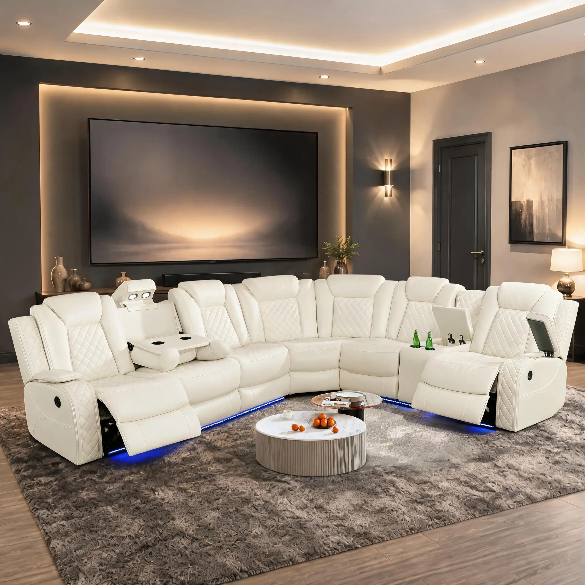 ainehome Luxurious 3-Piece LED Off-White Leather Breathing Electric Recliner Sofa Set, Living Room Couch with Adjustable Backrest, Storage & Power Reclining, Home Decor Modern Indoor Furniture bedroom lounge apartment small bed foldable l-shaped l-shape