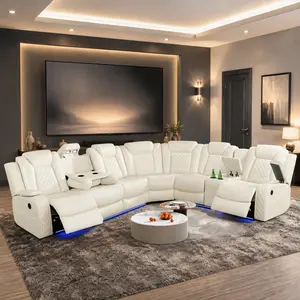 ainehome Luxurious 3-Piece LED Off-White Leather Breathing Electric Recliner Sofa Set, Living Room Couch with Adjustable Backrest, Storage & Power Reclining, Home Decor Modern Indoor Furniture bedroom lounge apartment small bed foldable l-shaped l-shape