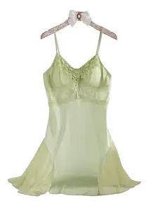 Allure Surprise Mint Lace Halter Sleepwear, Ice Silk Smooth V-Neck Home Dress, Romantic Atmosphere Nightgown for Women, Loungewear