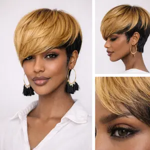 Elisheva Short Human Hair Wigs for Black Women Short Blonde Bob Pixie Cut Wig Human Hair Short Wigs Human Hair Natural Straight Pixie Wig with Bangs Ombre Blond 1b/27#