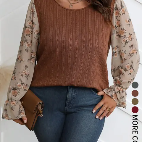 Plus Size Women's Floral Patchwork Round Neck Top Blouse, Casual Loose-Fit Basic Long Sleeve Shirt for Spring & Fall, All-Season Fashion, Everyday