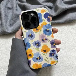 Retro pansy floral pattern, durable, shock-absorbing, glossy 2-in-1 phone case, compatible with iPhone 17, 16, 15, 14, 13, 12, 11, X, Samsung and other models. Makes a great holiday gift for friends or family.